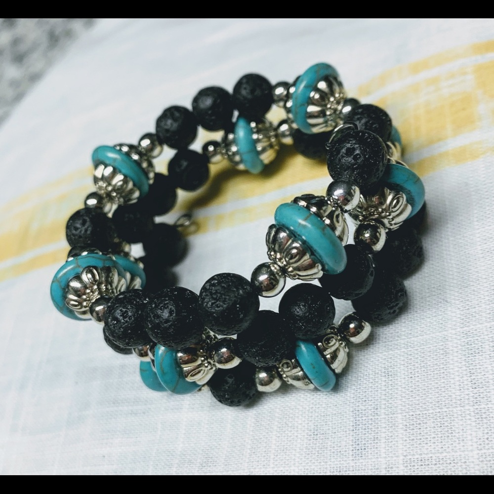 Handcrafted black and turquoise wrap bracelet